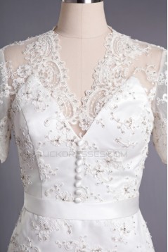 Sheath Short V-neck Short Sleeves Beaded Lace Bridal Wedding Dresses WD010421