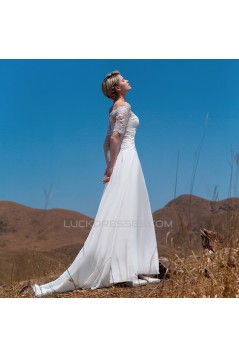 A-line Off the Shoulder Short Sleeves Lace Chiffon Bridal Wedding Dresses WD010510