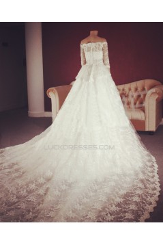 A-line Off the Shoulder Half Sleeves Lace Bridal Gown Wedding Dress WD010757