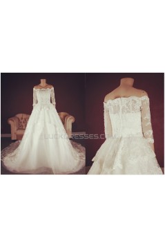 A-line Off the Shoulder Half Sleeves Lace Bridal Gown Wedding Dress WD010757