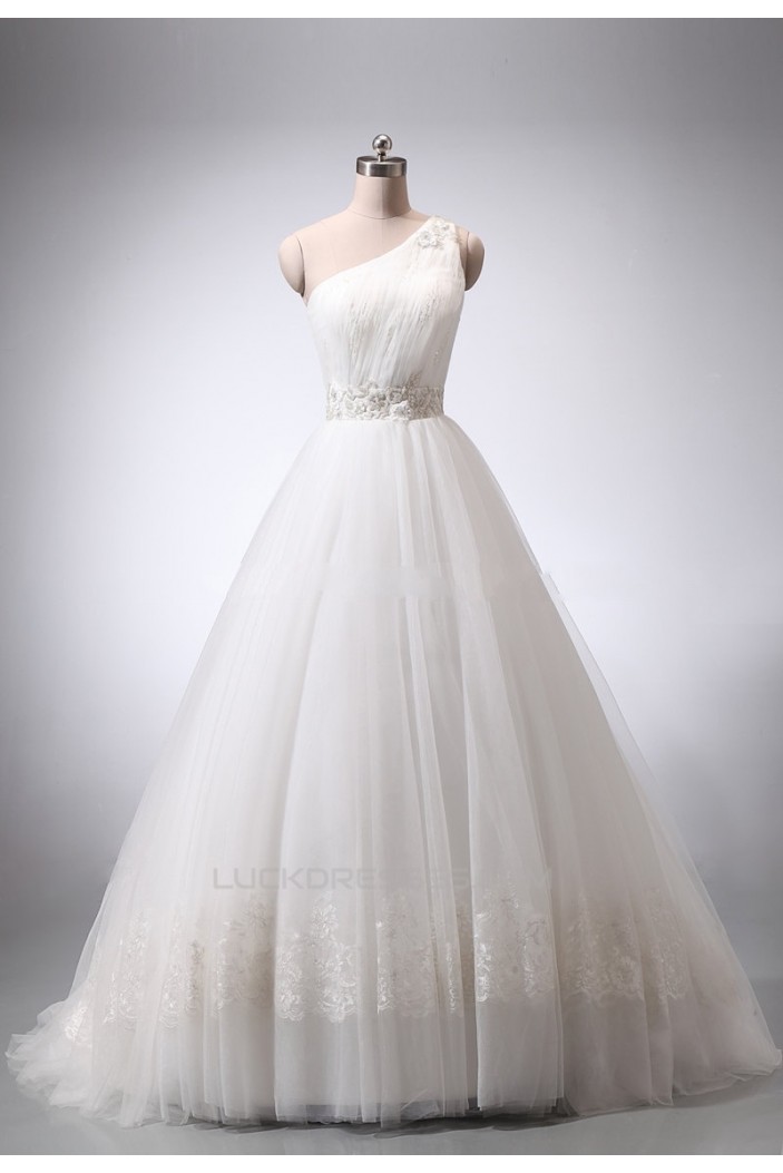A-line One Shoulder Lace and Tulle Bridal Wedding Dresses WD010839