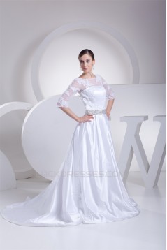 A-Line 3/4 Length Sleeve Beaded Appliques Court Train Wedding Dresses 2030001