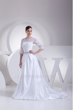 A-Line 3/4 Length Sleeve Beaded Appliques Court Train Wedding Dresses 2030001