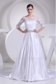 A-Line 3/4 Length Sleeve Beaded Appliques Court Train Wedding Dresses 2030001