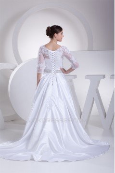 A-Line 3/4 Length Sleeve Beaded Appliques Court Train Wedding Dresses 2030001