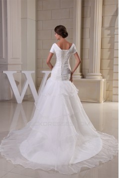 A-Line V-Neck Short Sleeve Court Train Wedding Dresses 2030002