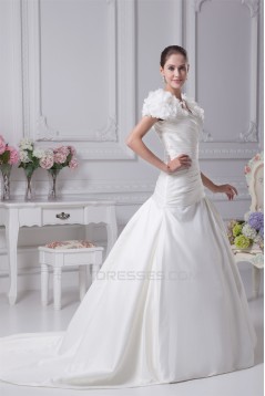 A-Line V-Neck Short Sleeve Court Train Wedding Dresses 2030003
