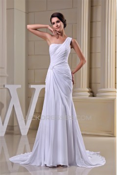 Sheath/Column Ruched Chiffon One-Shoulder Sweep Train Wedding Dresses 2030015