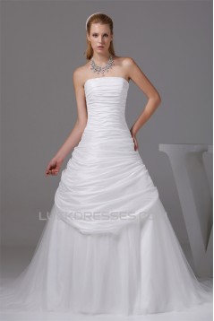 A-Line Strapless Chapel Train Beaded Taffeta Tulle Wedding Dresses 2030039