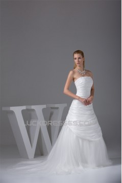 A-Line Strapless Chapel Train Beaded Taffeta Tulle Wedding Dresses 2030039