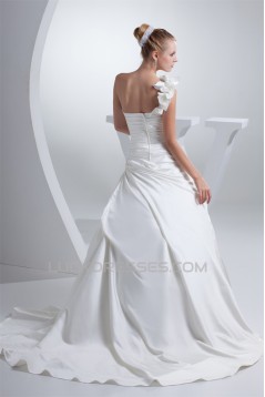 A-Line One-Shoulder Chapel Train Handmade Flowers Wedding Dresses 2030045