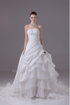 Amazing Organza Taffeta Strapless Beaded Appliques Chapel Train A-Line Wedding Dresses 2030052