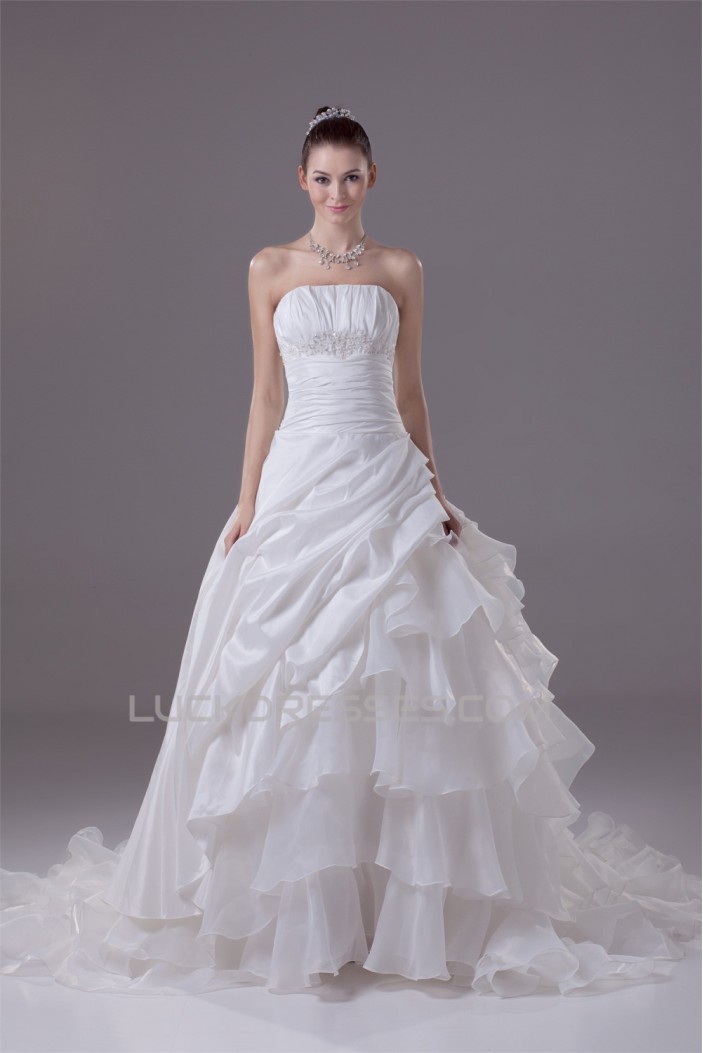 Amazing Organza Taffeta Strapless Beaded Appliques Chapel Train A-Line Wedding Dresses 2030052