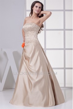 A-Line Strapless Floor-Length Beaded Satin Wedding Dresses 2030058
