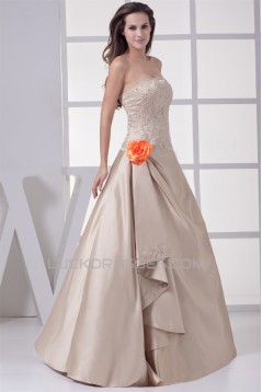 A-Line Strapless Floor-Length Beaded Satin Wedding Dresses 2030058