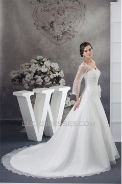Amazing V-Neck A-Line Long Sleeve Satin Organza Sequins Wedding Dresses 2030060