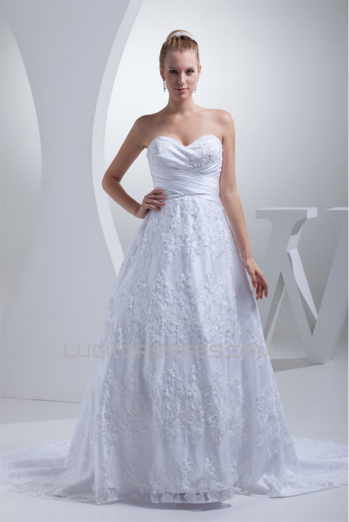 Attractive Sweetheart Satin Sleeveless A-Line Lace Wedding Dresses 2030061