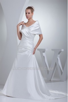 A-Line Portrait Beautiful Short Sleeve Satin Wedding Dresses 2030072
