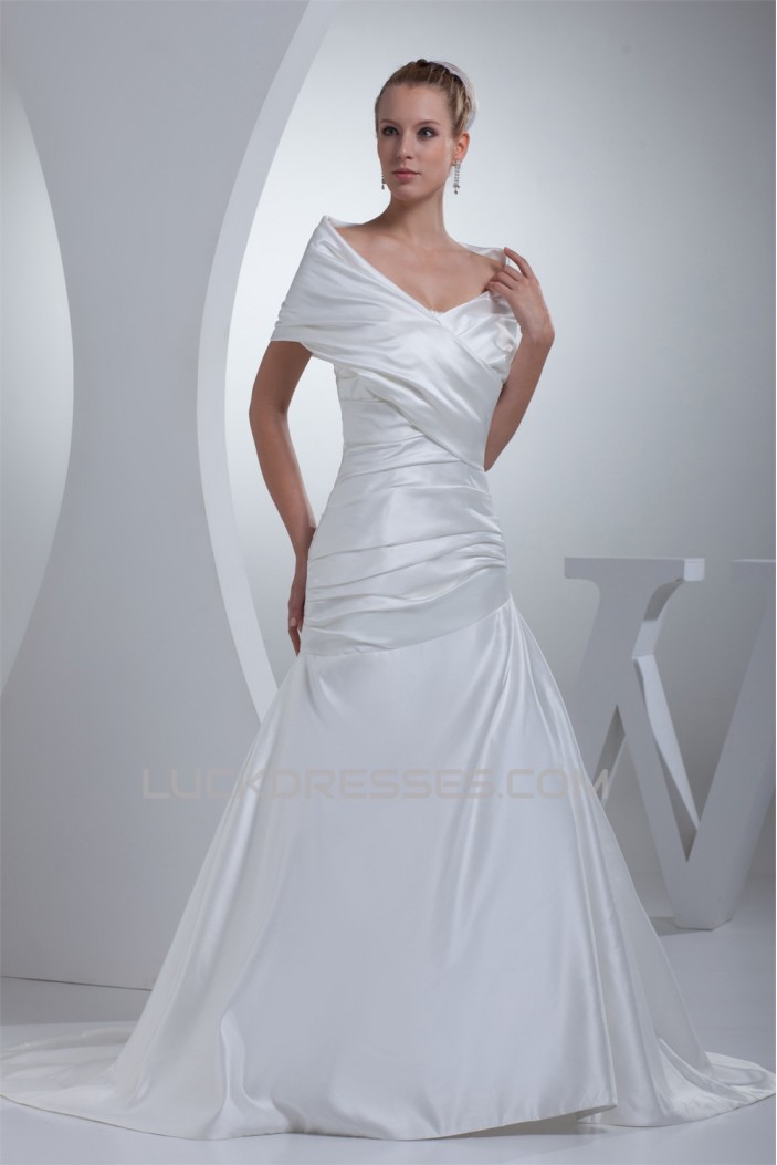 A-Line Portrait Beautiful Short Sleeve Satin Wedding Dresses 2030072