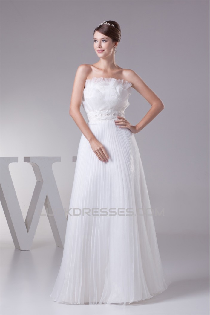 A-Line Strapless Beaded Floor-Length Pleated Wedding Dresses 2030076