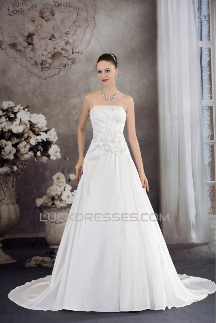 A-Line Strapless Sleeveless Beaded Taffeta Wedding Dresses 2030082