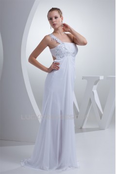 Brush Sweep Train Beading Chiffon Silk like Satin One-Shoulder Wedding Dresses 2030087