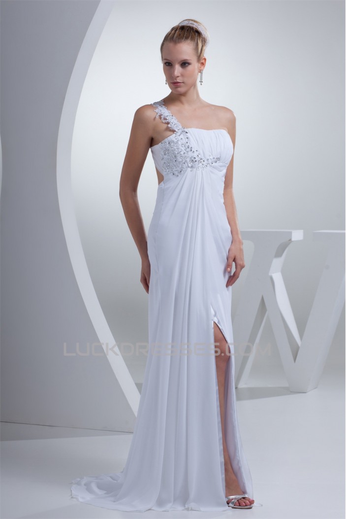 Brush Sweep Train Beading Chiffon Silk like Satin One-Shoulder Wedding Dresses 2030087