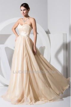 A-Line Brush Sweep Train Sweetheart Satin Organza Wedding Dresses 2030089