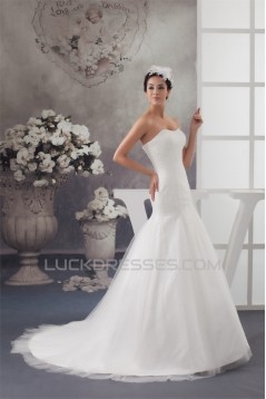 Sweetheart A-Line Sleeveless Satin Fine Netting Beaded Wedding Dresses 2031016