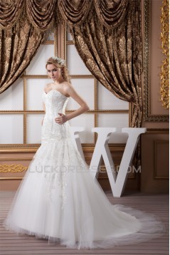 Sweetheart Sleeveless Satin Fine Netting Lace Wedding Dresses 2031017