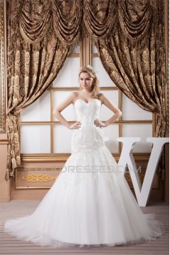 Sweetheart Sleeveless Satin Fine Netting Lace Wedding Dresses 2031017