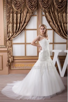 Sweetheart Sleeveless Satin Fine Netting Lace Wedding Dresses 2031017