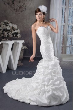 Sweetheart Mermaid/Trumpet Sleeveless Satin Taffeta Beaded Wedding Dresses 2031018