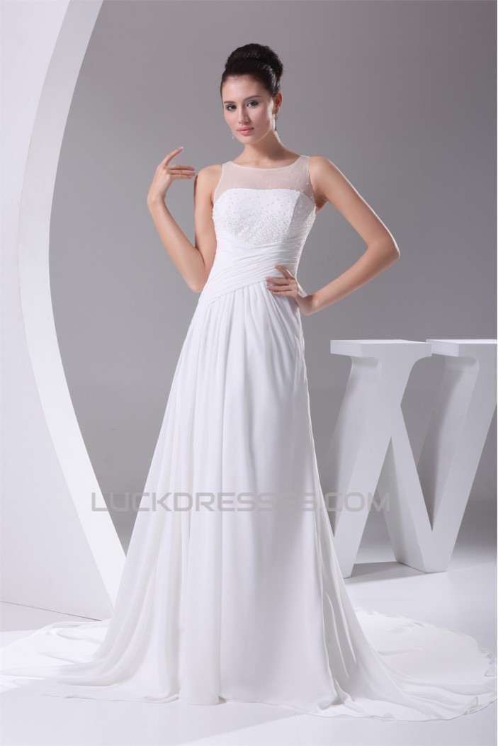 A-Line Chiffon Sweep Train Beaded Wedding Dresses 2030102