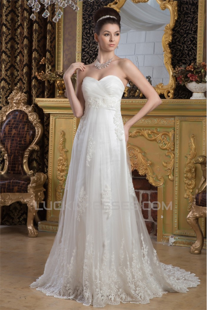 A-Line Sweetheart Satin Fine Netting Lace Wedding Dresses 2031021