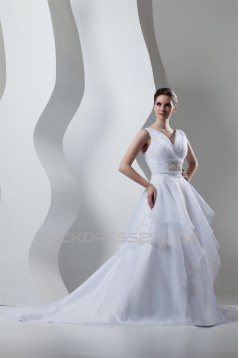 Unique Design V-Neck A-Line Satin Organza Beaded Sleeveless Wedding Dresses 2031044