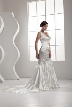 V-Neck Satin Sleeveless Handmade Flowers Wedding Dresses 2031045