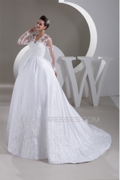 A-Line V-Neck Satin Fine Netting Long Sleeve Beaded Lace Wedding Dresses 2031047