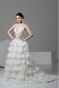 A-Line V-Neck Satin Organza Sleeveless Lace Embellished Wedding Dresses 2031048