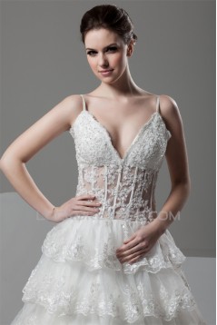 A-Line V-Neck Satin Organza Sleeveless Lace Embellished Wedding Dresses 2031048