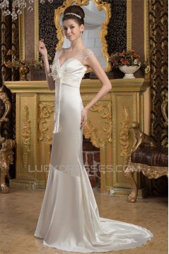V-Neck Satin Silk like Satin Mermaid/Trumpet Beaded Wedding Dresses 2031049