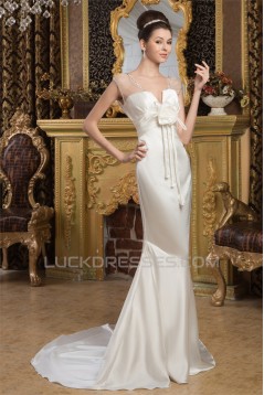 V-Neck Satin Silk like Satin Mermaid/Trumpet Beaded Wedding Dresses 2031049