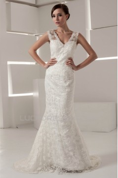 V-Neck Sleeveless Mermaid/Trumpet Satin Lace Fine Netting Wedding Dresses 2031050
