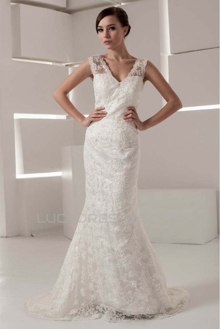 V-Neck Sleeveless Mermaid/Trumpet Satin Lace Fine Netting Wedding Dresses 2031050