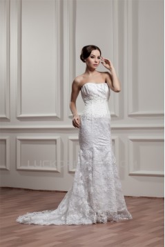 Trumpet/Mermaid Strapless Lace Court Train Beaded Wedding Dresses 2031060