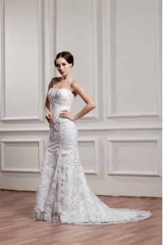 Trumpet/Mermaid Strapless Lace Court Train Beaded Wedding Dresses 2031060