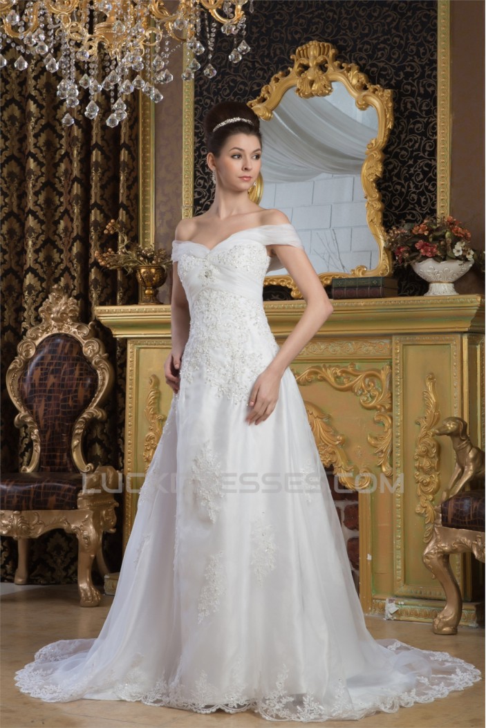 Wonderful Off-the-Shoulder A-Line Sleeveless Beaded Lace Wedding Dresses 2031065