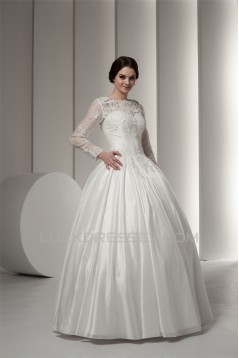 Wonderful Portrait Long Sleeve Satin Fine Netting Lace Floor-Length Wedding Dresses 2031066