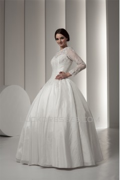 Wonderful Portrait Long Sleeve Satin Fine Netting Lace Floor-Length Wedding Dresses 2031066