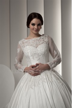 Wonderful Portrait Long Sleeve Satin Fine Netting Lace Floor-Length Wedding Dresses 2031066
